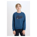 DEFACTO Boy Navy Blue Crew Neck Embroidered Thick Sweatshirt