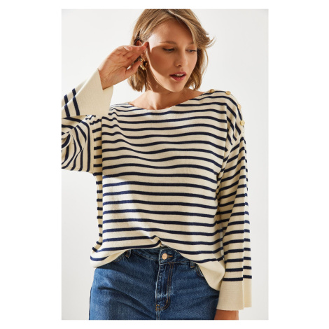 Bianco Lucci Women's Striped Shoulder Buttoned Sweater