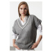 Trendyol Gray Wide Fit V-Neck Openwork Knitwear Sweater