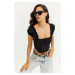 Cool & Sexy Women's Black Crop Blouse with Eyelets YEL26