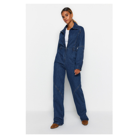 Trendyol Limited Edition Blue Stitch Detail Zippered Denim Jumpsuit