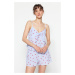 Trendyol Blue Striped Heart Pattern Poplin Tank Top-Shorts Woven Pajamas Set