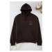 Trendyol Dark Brown Oversize/Wide Cut Hooded Fleece Embroidered Sweatshirt