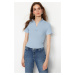 Trendyol Light Blue Zippered Fitted/Sleeved Ribbon Knitted Blouse with a Stand-Up Collar, Stretc