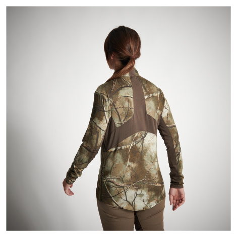 Dámske nehlučné a priedušné poľovnícke tričko 500 dlhý rukáv maskovací vzor Treemetic SOLOGNAC
