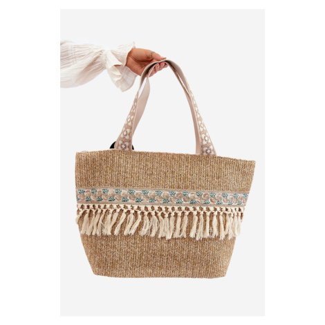 Large woven beach bag with fringe, light brown Missalori