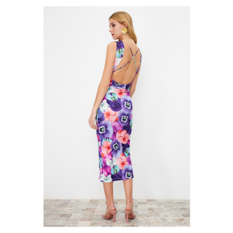Trendyol Multicolored Floral Printed Back Detailed Gathered Zero Sleeve Flexible Knitted Maxi Dr