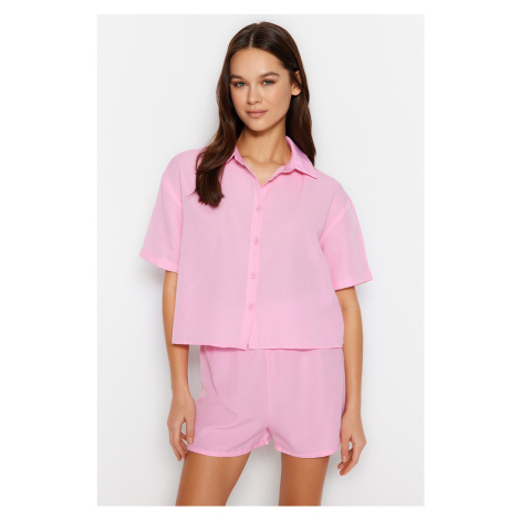 Trendyol Light Pink Elastic Detailed Shirt-Shorts Woven Pajamas Set