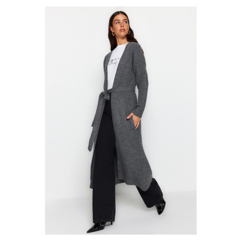 Trendyol Anthracite Belted Long Thessaloniki Knitted Sweater Cardigan