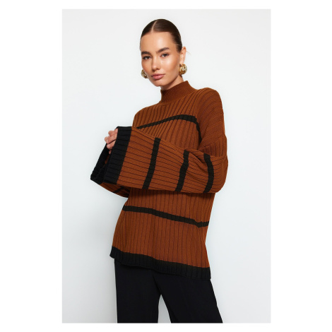 Trendyol Cinnamon Wide Pattern Striped Knitwear Sweater