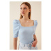 Happiness İstanbul Women's Sky Blue Square Neck Ribbed Crop Blouse