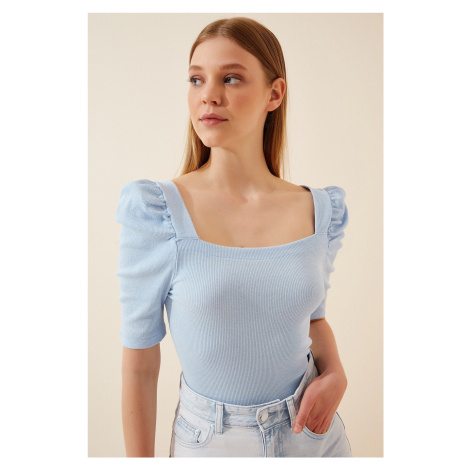 Happiness İstanbul Women's Sky Blue Square Collar Corduroy Crop Blouse