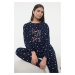 Trendyol Navy Blue 100% Cotton Polka Dot Christmas Themed Knitted Pajama Set