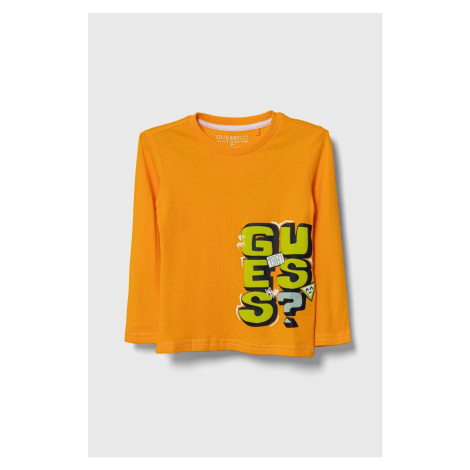Detská bavlnená košeľa s dlhým rukávom Guess oranžová farba, s potlačou