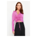 Dilvin 10364 V Side Gathered Front Sweater-fuchsia