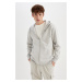 DEFACTO Gray Regular Fit Hooded Soft Furry Inside Pocket Basic Plain Zipper Sweatshirt