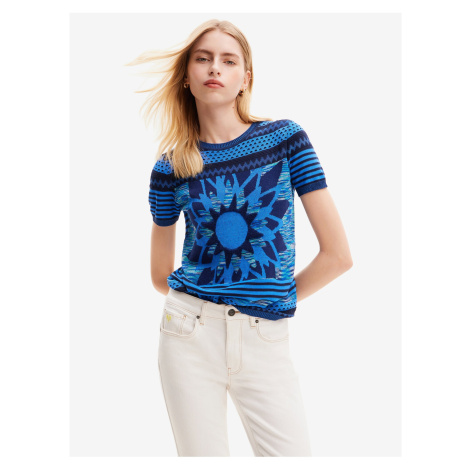 Women's Blue Knitted T-Shirt Desigual Sun Blue - Women