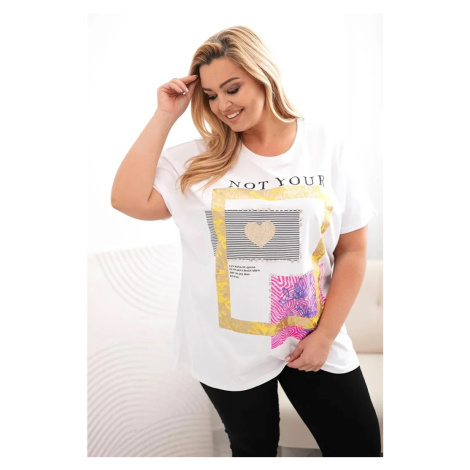 Dámska bavlnená blúzka nadrozmernej veľkosti so zlatým nápisom biela + žltá UNI