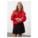 Trendyol Red Slogan Embroidered Oversize/Wide Fit Thick Inside Fleece Knitted Sweatshirt