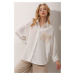 Trend Alaçatı Stili Women's White Crochet Pocket Textured Linen Shirt