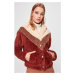 Trendyol Brown Color Block Hooded Plush Coat