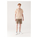 Avva Men's Khaki 100% Cotton Side Pocket Elastic Waist Linen Textured Relaxed Fit Shorts