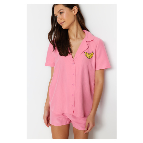 Trendyol Pink Banana Embroidered Shirt-Shorts Woven Pajama Set