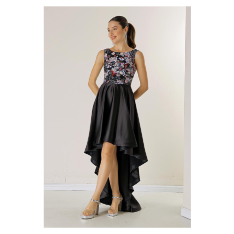 By Saygı Embroidered Sequins Floral Top Short Front Long Back Long Lined Satin Long Dress