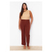 Trendyol Curve Brown High Waist Ribbed Stitched Spanish Leg Woven Fabric Trousers