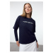 Trendyol Navy Blue Relaxed/Comfortable Pattern Slogan Embossed Printed Knitted T-Shirt