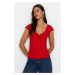 Trendyol Red Cotton Smocked V-Neck Slim Fit Knitted Blouse