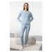 Trendyol Blue Cotton Slogan Embroidered Ribbed Knitted Pajama Set