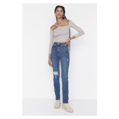 Trendyol Dark Blue Ripped High Waist Skinny Flare Jeans