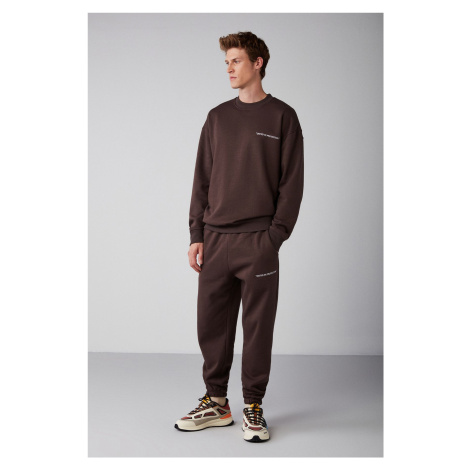 GRIMELANGE Marshall Men's Cotton Polar Fleece Embroidered Relaxed Brown Tracksuit Se