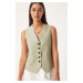 Happiness İstanbul Women's Green Button-Closed Linen Vest