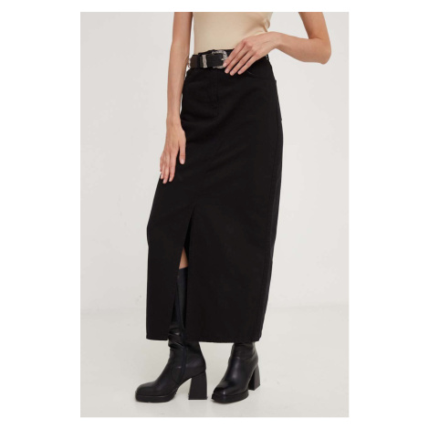 Rifľová sukňa Answear Lab X limitovaná kolekcia NO SHAME čierna farba, midi, rovný strih