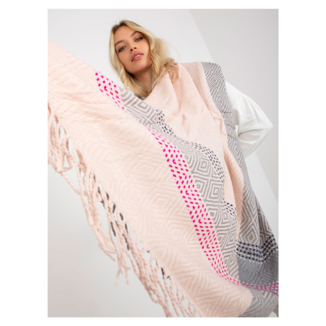 Lady's light pink and gray winter scarf with fringe