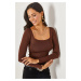 Olalook Dark Brown Square Collar Basic Knitwear Blouse