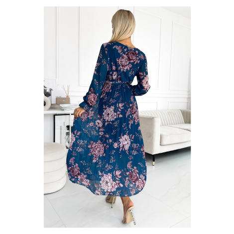 519-3 Pleated chiffon long dress with a neckline, long sleeves and a belt - Blue with flowers