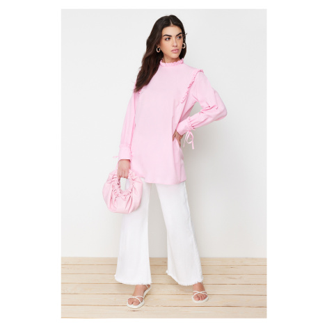 Trendyol Pink Woven Cotton Tunic With Ruffled Shoulder and Cuff