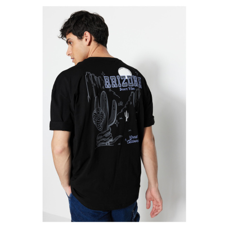 Trendyol Black Oversize/Wide Cut Tropical Arizona City Printed 100% Cotton T-Shirt