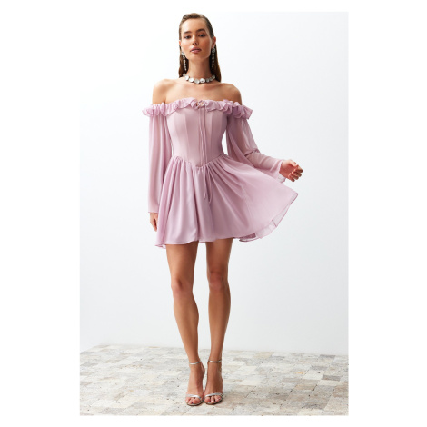 Trendyol Pale Pink Waist Opening/Skater Lined Flounce Chiffon Elegant Evening Dress
