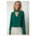 Happiness İstanbul Women's Emerald Green Window Detailed Decollete Crepe Blouse