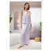 Trendyol Lilac Striped Back Tie Detail Cowl Neck Rope Strap Satin Woven Pajama Set