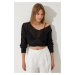 Happiness İstanbul Women's Black Openwork Crop Knitwear Blouse