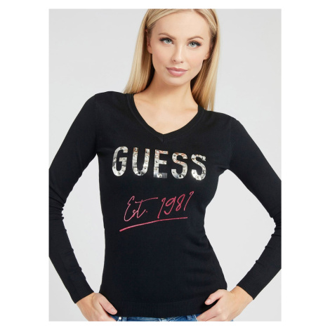 Black Ladies Sweater with Inscription with Decorative Details Guess Logo V Nec - Women