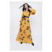 By Saygı Yellow Floral Pattern Long Chiffon Dress with Half-Buttons in the Front with a Belt and