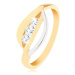 Zlatý prsteň 375 - dvojfarebné zvlnené línie, tri okrúhle zirkóny čírej farby - Veľkosť: 64 mm