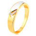 Prsteň zo žltého 14K zlata - lesklý pás bielej glazúry, číre zirkóniky - Veľkosť: 56 mm