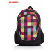 Black school backpack with a colorful checkered pattern